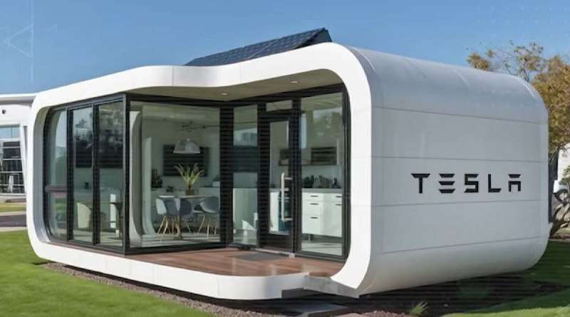Вид на дом Tesla Tiny House с террасой